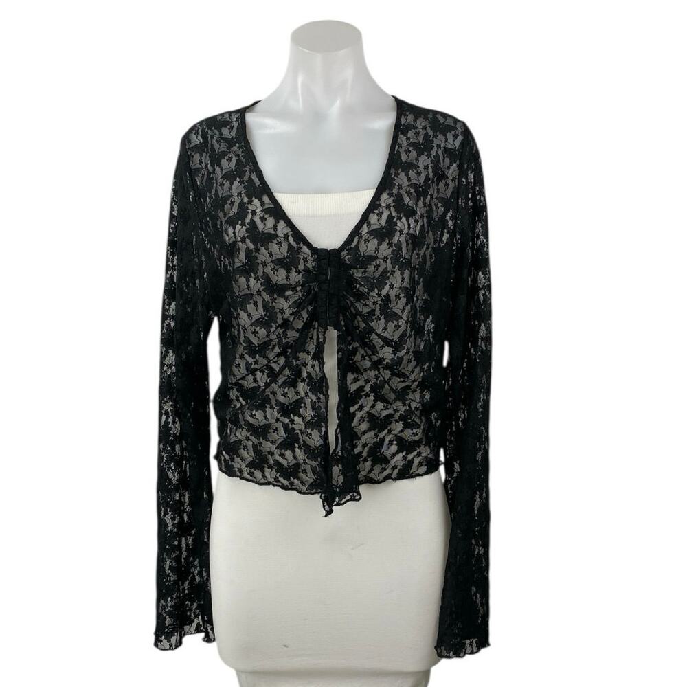H&M Divided Women's Black Butterfy Lace V-neck Long Sleeve Sheer Crop Top Sz XL